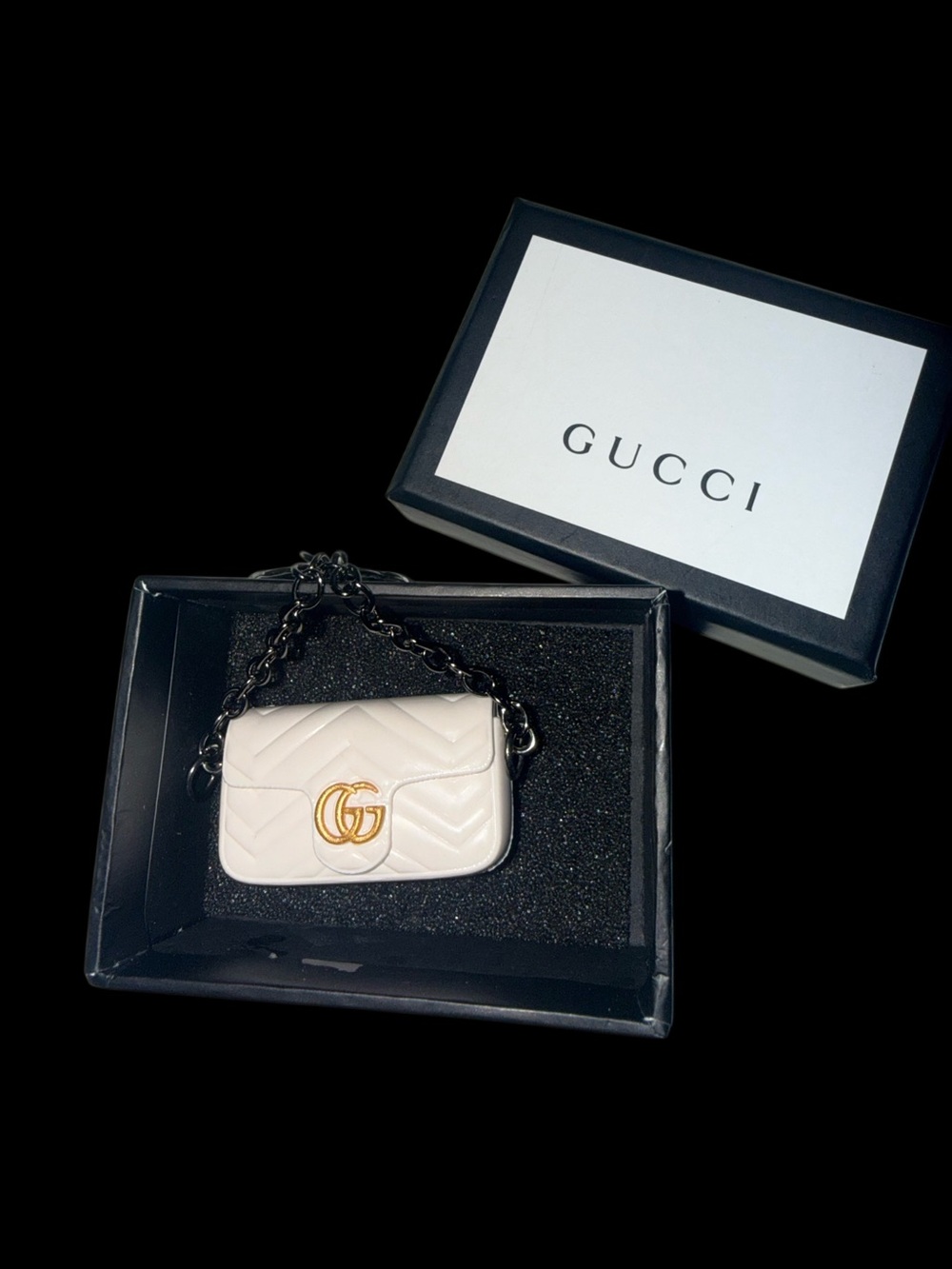 Mini White Quilted Crossbody Keychain Purse Charm w/ Chain Strap Gift Box